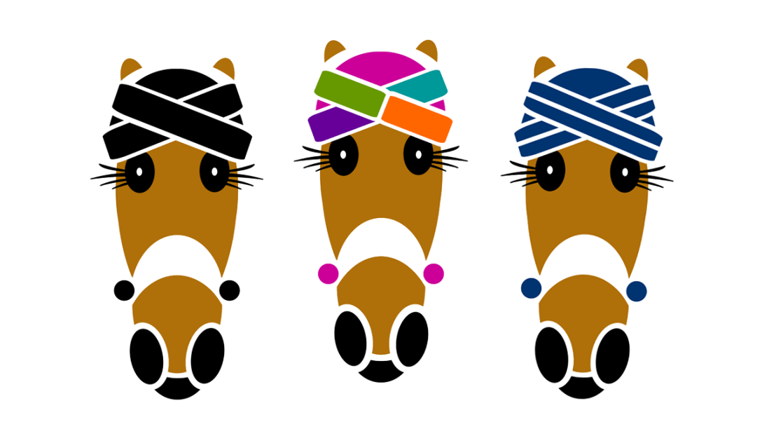 Anita wears a cross banded cap in basic black, five bright colors, and denim blue. ©Vivian J Grant.