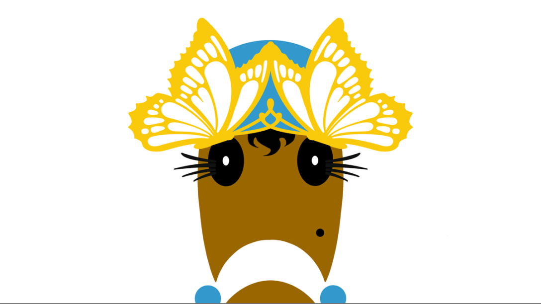 Ariel Hattingdon in blue and gold butterfly hat, blog post header.