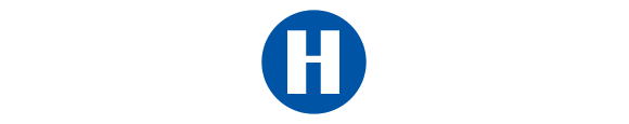 H logo in white on blue circle.