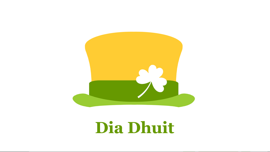 Dia Dhuit blog banner. Erin Top Hat.