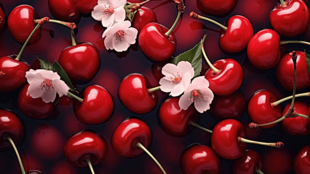 Red cherries with pink blossoms.