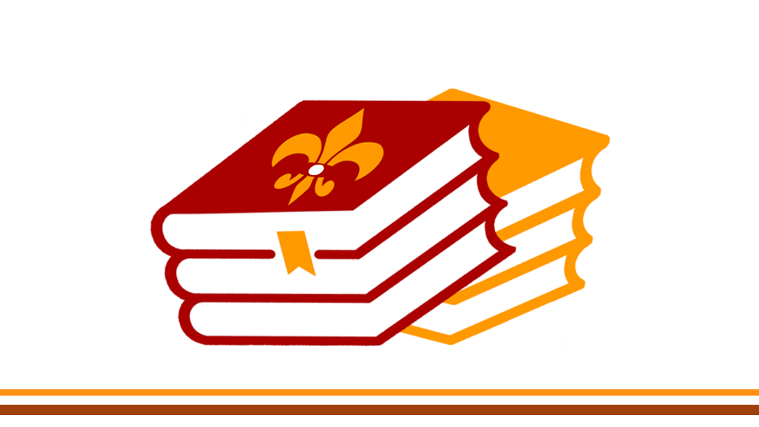 Dewey book hat in crimson red and amber yellow.