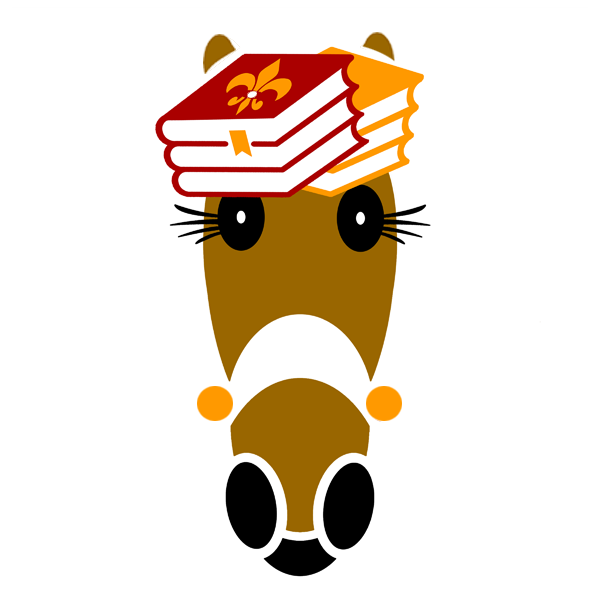 Dewey hat made of books in scarlet red and deep yellow.