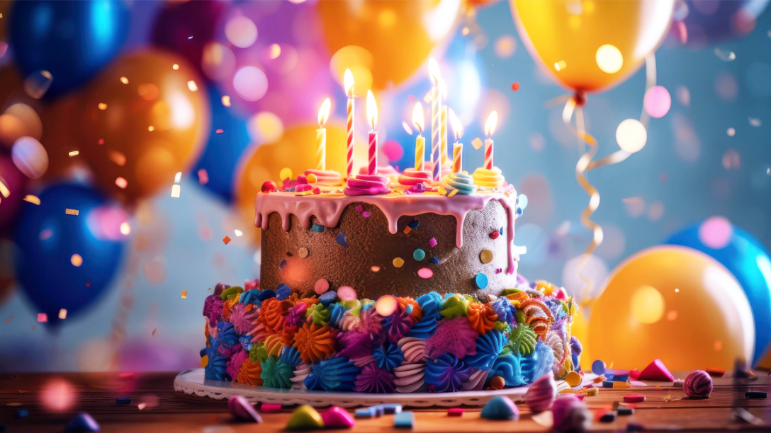 Birthday cake and decorations.