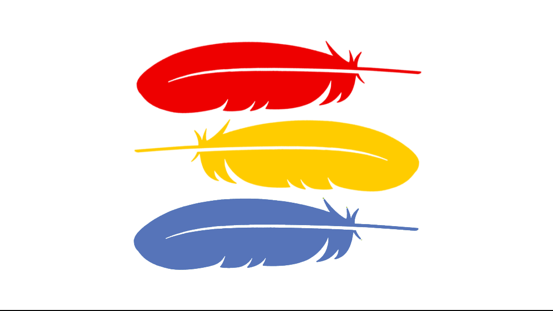 Jenna three feathers. Red. Yellow. Blue.